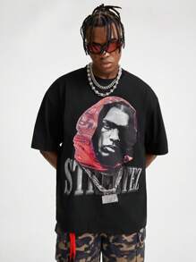 Manfinity VCAY Camiseta de manga corta de cuello redondo con gráfico de retrato, de corte holgado, apta para el verano