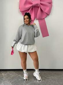 SHEIN SXY Plus Size Grey Hooded Sweatshirt With Bow Tie Decor, Fall/Winter - Grey - View 7