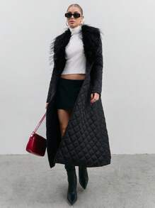 EURMUSE 长款拼接棉衣，带领子，毛皮细节，绗缝面料