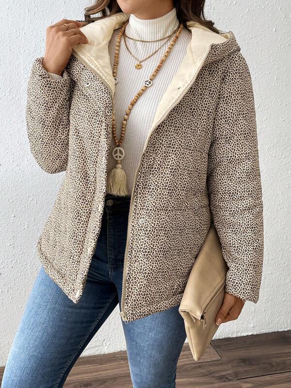 SHEIN LUNE Manteau matelassé à capuche en coton imprimé léopard grande taille, vêtements d'hiver