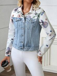 SHEIN LUNE Casual Floral Print Patchwork Denim Jacket, AutumnThermal Thickened Denim