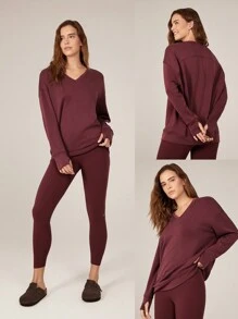 GLOWMODE Modal Silky Smooth Oversized V-Neck Hip Length Long Sleeve Sweatshirt With Thumbholes Daily Casual  Spring Summer - Burgundy - View 6