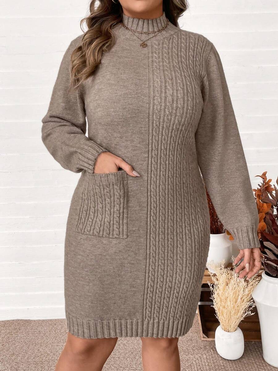 EMERY ROSE Plus Size Khaki/Camel Pocketed Long Sleeve Knitted Dress With Twist Rope Splice, High Collar Sweater Dress, For Winter - Khaki - View 1