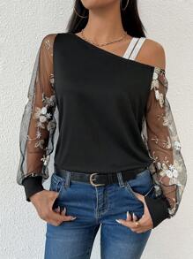 SHEIN PETITE 女士优雅露肩刺绣网眼袖衬衫 - 黑色 - 查看 3