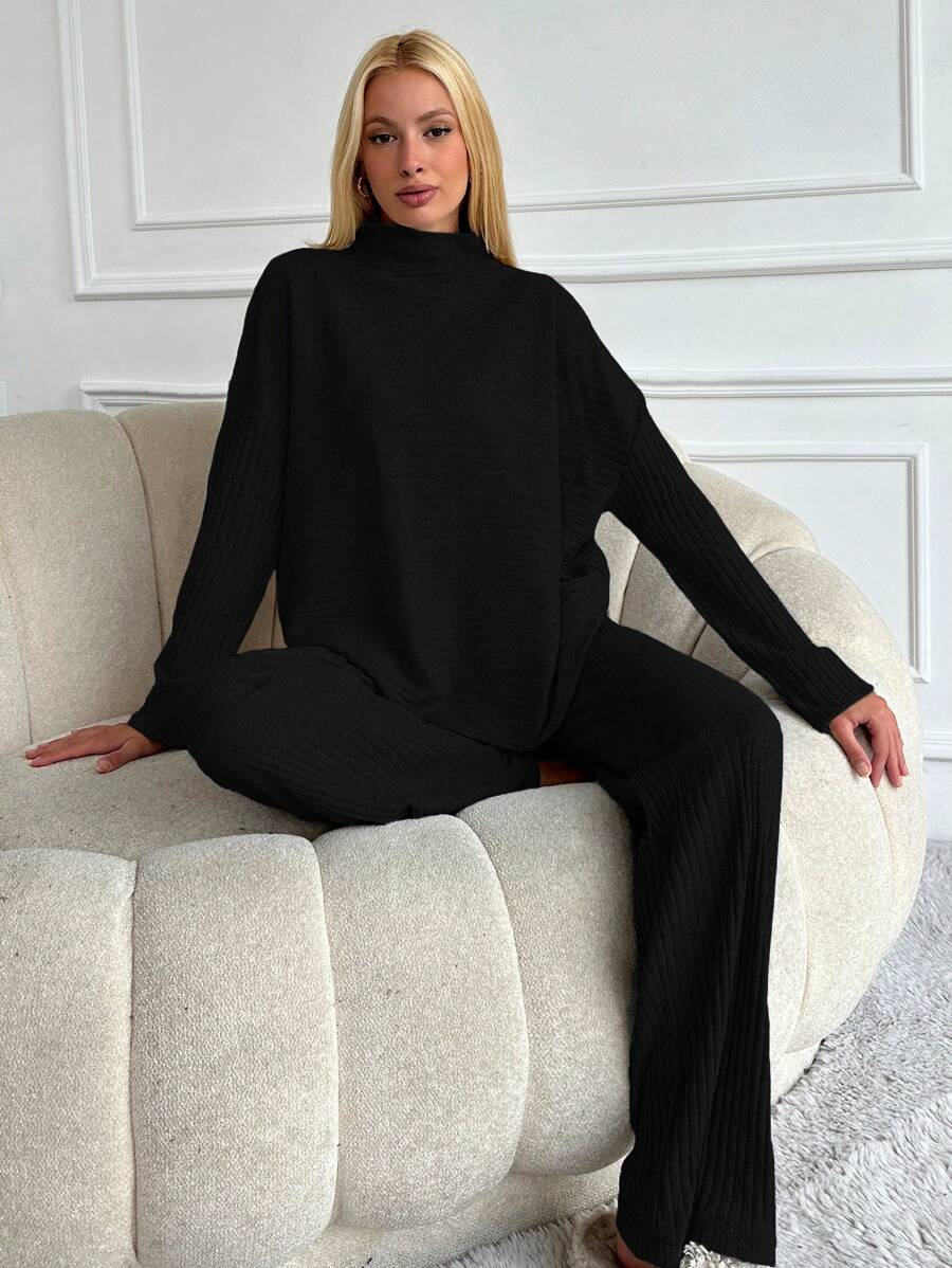 CasuGlow Women's Drop Shoulder Ribbed Long Sleeve T-Shirt And Pants Set - Black - View 1