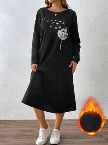 SHEIN LUNE Plus Size Women Dandelion Print Thermal Lined Crew Neck Long Casual Dress, Warm And Cozy For Outdoor & Daily Wear, Autumn/Winter