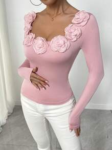 Chiquease 女士 3D 花卉印花圆领修身 T 恤，适合春季、秋季和冬季 - 藕粉色 - 查看 4