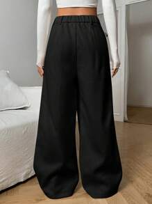 SHEIN EZwear 女士纯色简约款宽松阔腿裤 - 黑色 - 查看 2