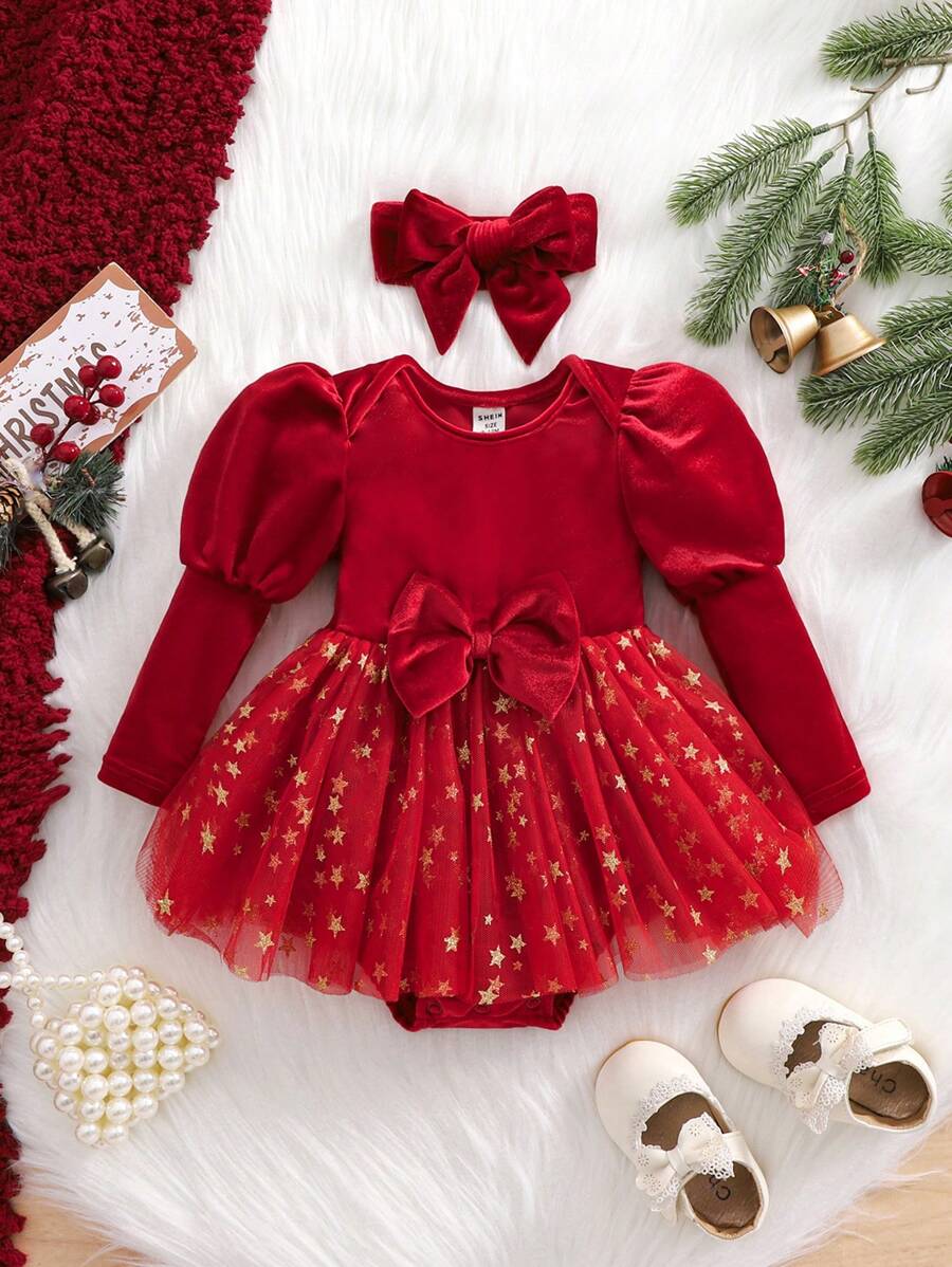 SHEIN 新生女宝宝可爱网纱拼接长袖连体衣，带蝴蝶结，适合圣诞节 - 紅色 - 查看 1