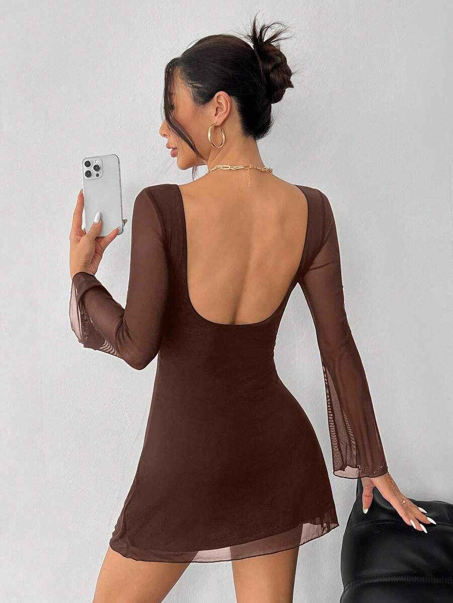 SHEIN PETITE 女士新款性感露背喇叭袖网纱连衣裙初秋款 - 棕色 - 查看 1