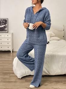 Calvaya 2pcs Set Dark Blue Plus Size Casual Hoodie Sweater And Pants Combination Suit. Featuring A Stable Yet Vibrant Dark Blue Tone, Crafted From Soft And Comfortable Material To Ensure Warmth And Comfort. Suitable For Daily Commute, Casual Outings, Gatherings With Friends, And Various Occasions Such As Music Festivals, Mother's Day, Halloween, New Year, Valentine's Day, Thanksgiving, Christmas, Easter, National Day, Balls, And New Year's Eve, Winter - Navy Blue - View 6