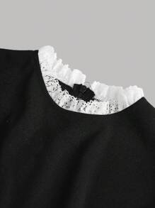 SHEIN Girlism 少女黑色复古蕾丝边优雅长袖迷你 A 字裙、派对裙、黑色连衣裙 - 黑色 - 查看 3