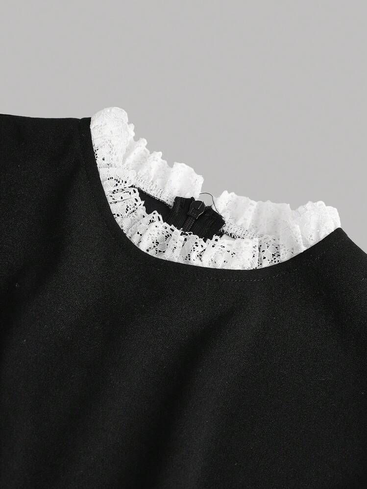 SHEIN Girlism נערה נערה שחורה עיטור תחרה וינטג' אלגנטית שרוולים ארוכים שמלת מיני A-line, שמלת מסיבה, שמלה שחורה - שחור - ראה 3