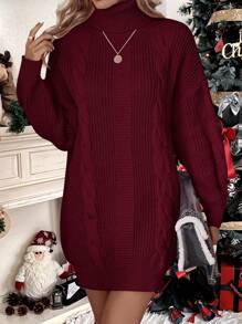 EMERY ROSE 女士纯色高领长袖简约短款针织毛衣连衣裙，休闲日常穿着 - 酒紅色 - 查看 4