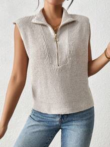 Chiquease 1pc Solid Color Half Zip Collar Ribbed Knit Sleeveless Sweater Vest - Apricot - View 5