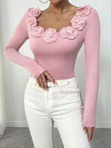 Chiquease 女士 3D 花卉印花圆领修身 T 恤，适合春季、秋季和冬季 - 藕粉色 - 查看 5