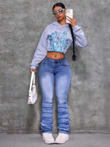 SHEIN PETITE 1 quần Jeans Jeans Co Giãn Skinny Túi Nữ, Quần Jeans Nữ Xếp Ly, Quần Bó Nữ, Quần Tất Nữ, Trang Phục Dạo Phố Nữ - Rửa tối - Xem 5