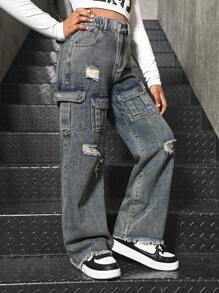 SHEIN 女孩复古街头风牛仔工装裤 - 中等水洗藍 - 查看 3