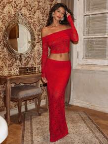 Opulessa 2pcs/Set Women's Off Shoulder Lace Top & Mini Skirt Matching Elegant Set