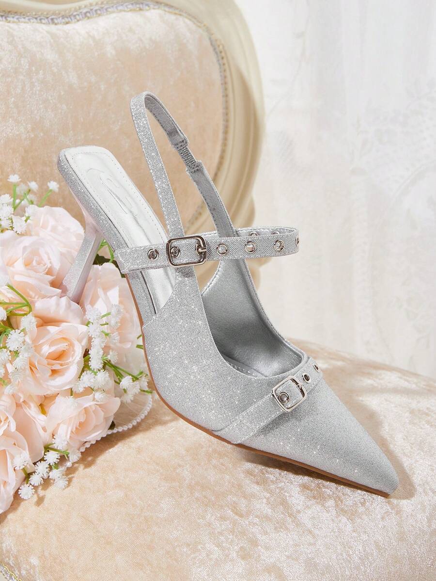 CUCCOO HITCHD Sexy Metallic Pointed Toe Double Chain Backless High Heel Shoes, Modern Party Spring Shoes Spring Break Easter Prom Heels - Silver - View 1