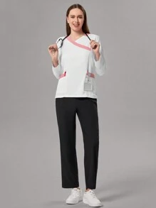 TaskEZ Blusa de uniforme casual tipo bata con mangas largas, bolsillo y bloqueo de color para mujeres