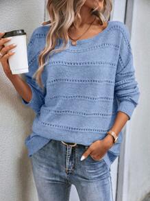 EMERY ROSE Einfarbiger Boot-Ausschnitt Lässig vielseitiger Langarm Pullover Strickpullover Herbst Winter - Blau - Übersicht 3