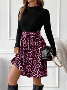 EMERY ROSE Women's Elegant Casual Knit Patchwork Leopard Print Long Sleeve Dress Fall Cloth For Women - Hot Pink - View 3