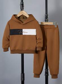 年轻男孩休闲套装：字母印花长袖连帽衫和运动裤，秋冬 - 彩色 - 查看 1