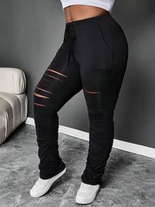 Maweii 大码女式纯色系腰破洞口袋紧身休闲裤 - 黑色 - 查看 1