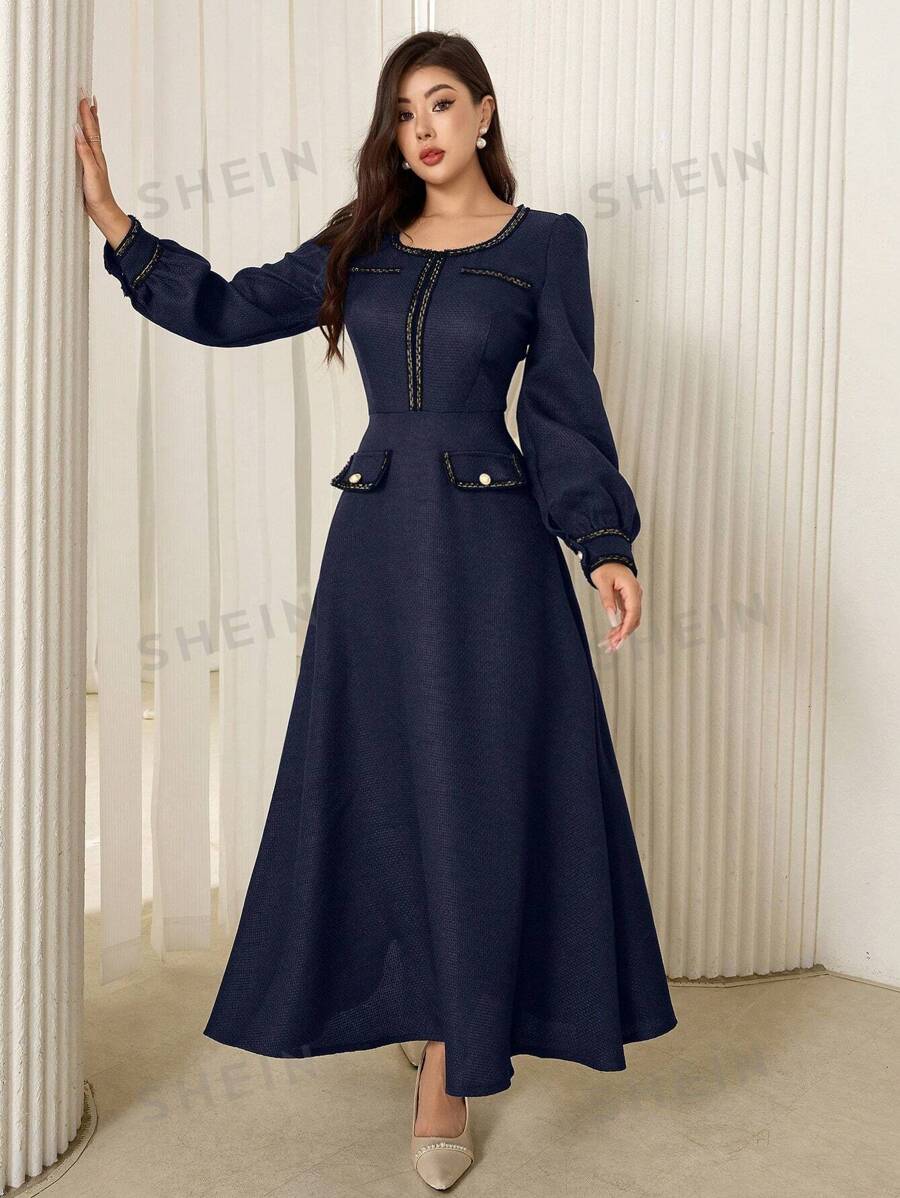 Modelyn Vestido largo con mangas de farol y ribete de cinta elegante para mujer, vestido largo para eventos de otoño e invierno