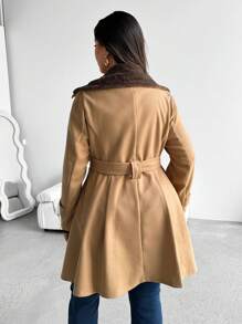 SHEIN Clasi Plus Size Fluffy Patchwork Collar Button Cinched Waist X-Shaped Knitted Jacket Winter Clothes For Women - Camel - View 2