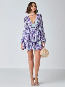 Enchnt 女士 V 领花卉印花分层优雅长袖连衣裙 - 紫色 - 查看 6