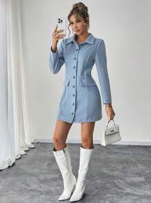 Chiquease Vestido de tweed de manga larga con cuello, bolsillo decorativo y diseño para dar forma a la cintura para mujeres