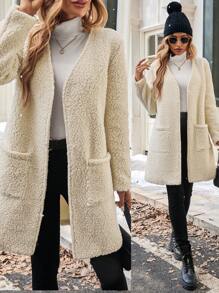 Chiquease Minimalist Solid Color V-Neck Fleece Warm Coat With Dual Pockets For Commuting