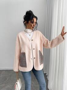 SHEIN Unity 格纹拼布超大羊羔绒夹克 - 杏色 - 查看 5