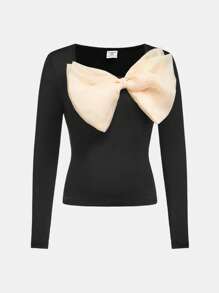 SHEIN Leap Crew Tween Girls 优雅撞色欧根纱蝴蝶结拼色正面大蝴蝶结方领长袖黑色针织 T 恤，适合秋冬、圣诞派对、学校活动 - 黑色 - 查看 3