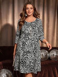EMERY ROSE Plus Size Women's All-Over Print Round Neck 3/4 Sleeve Straight Dress Fall Women Clothes Elegant Dress