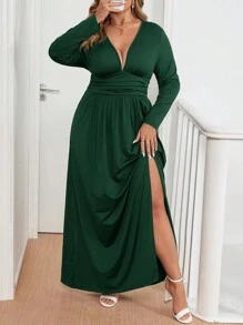 SHEIN Clasi 1 件女式加大码长袖针织连衣裙，柔软舒适，优雅百搭，适合秋冬 - 墨綠色 - 查看 8