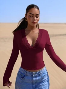 SHEIN BAE Women's Slim Fit V-Neck Lace Splice Solid Color Long Sleeve T-Shirt, White, For Outdoor Wear In Autumn