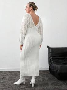 RueChic Plus Deep V Neck Bodycon Maxi Sweater Dress - White - View 2