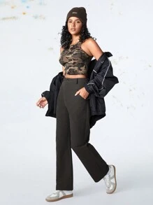 SHEIN Sports 女士纯色口袋直筒户外运动裤 - 巧克力棕 - 查看 6