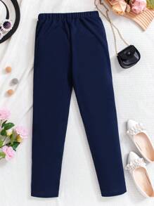 SHEIN Tween Girl Solid Color Double-Breasted Urban Tapered Pants - Navy Blue - View 2
