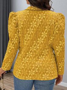 Flirla 大码女式花卉提花泡泡袖优雅西装外套，秋季 - 黃色 - 查看 2
