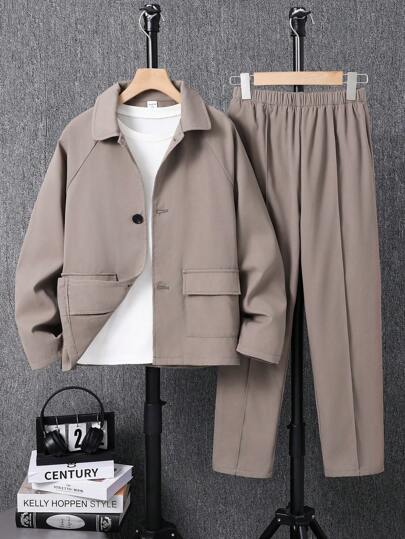 SHEIN 2 件套 Tween Boy 休闲西装外套和长裤套装，绅士风格，适合秋季、春季、冬季、户外玩耍、学校、街头风格、派对和休闲，物有所值