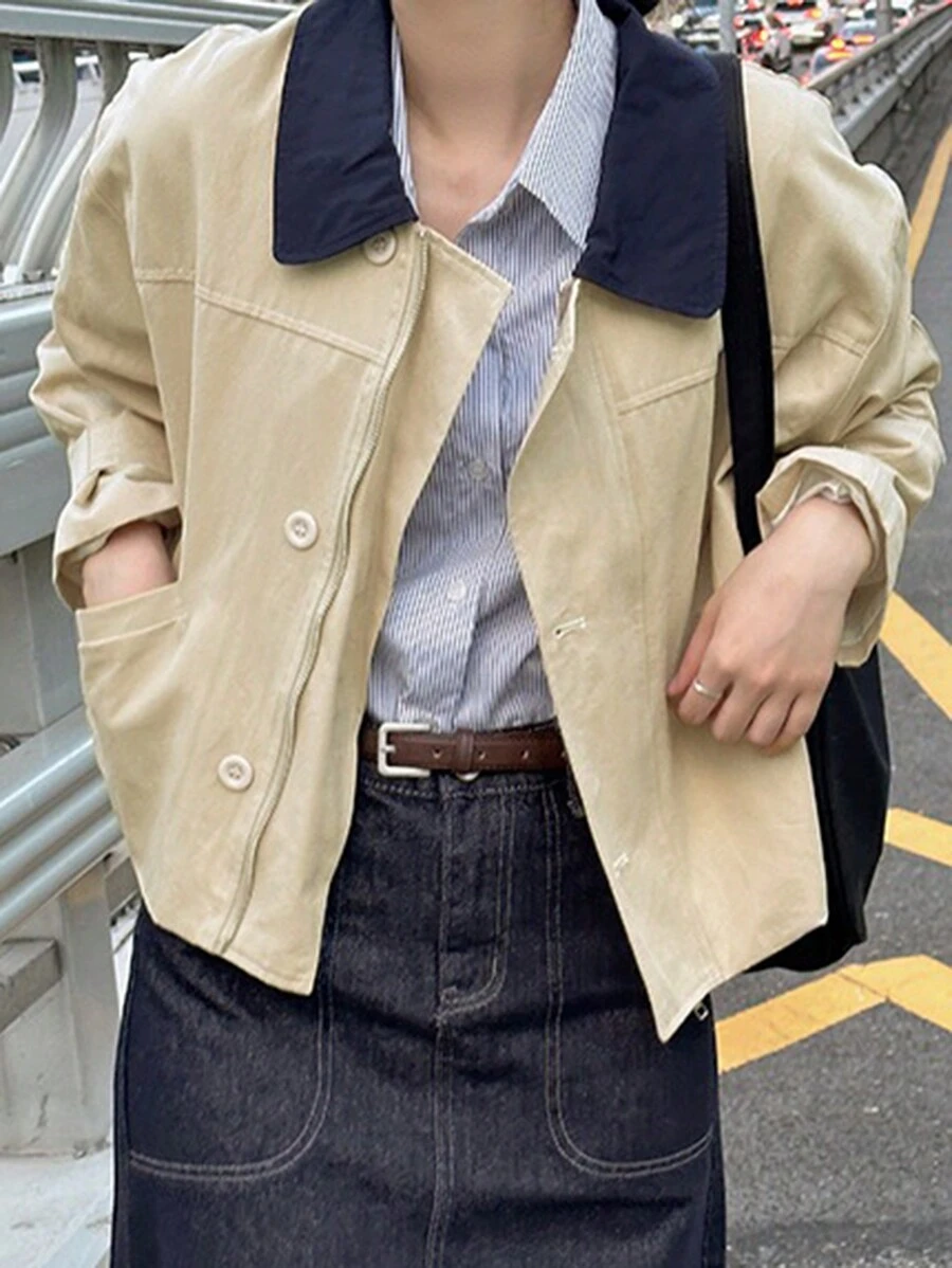 DAZY Women's Casual Zip-Up Contrast Color Collar Jacket For Autumn,Fall Women Clothes - Khaki - View 1