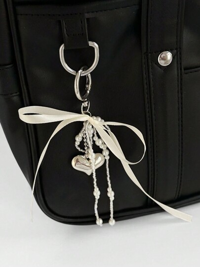 Kawaii 1 pieza Llavero colgante con adorno de lazo de perla, llavero con colgante en forma de corazón al estilo ins