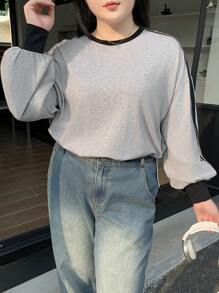 Dazy Petite Plus Plus Size Color Block Splice Crew Neck Loose Fit Sweatshirt,Fall Clothes - Grey - View 7