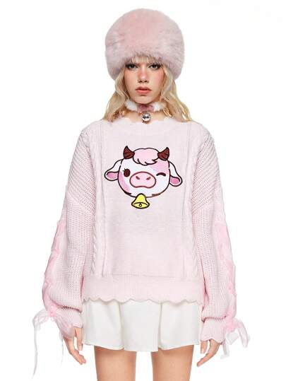 Kawaii Damen süßer Milchmuster bestickter, locker geschnittener Pullover mit Drop Shoulder, Herbst/Winter