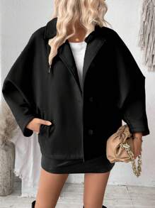 Chiquease 女款驼色 杏色 卡其色 纯色 贴袋 口袋 前开扣 蝙蝠袖 可爱 性感 长袖 秋冬 休闲 时尚 百搭 彼得潘领 大衣 外套