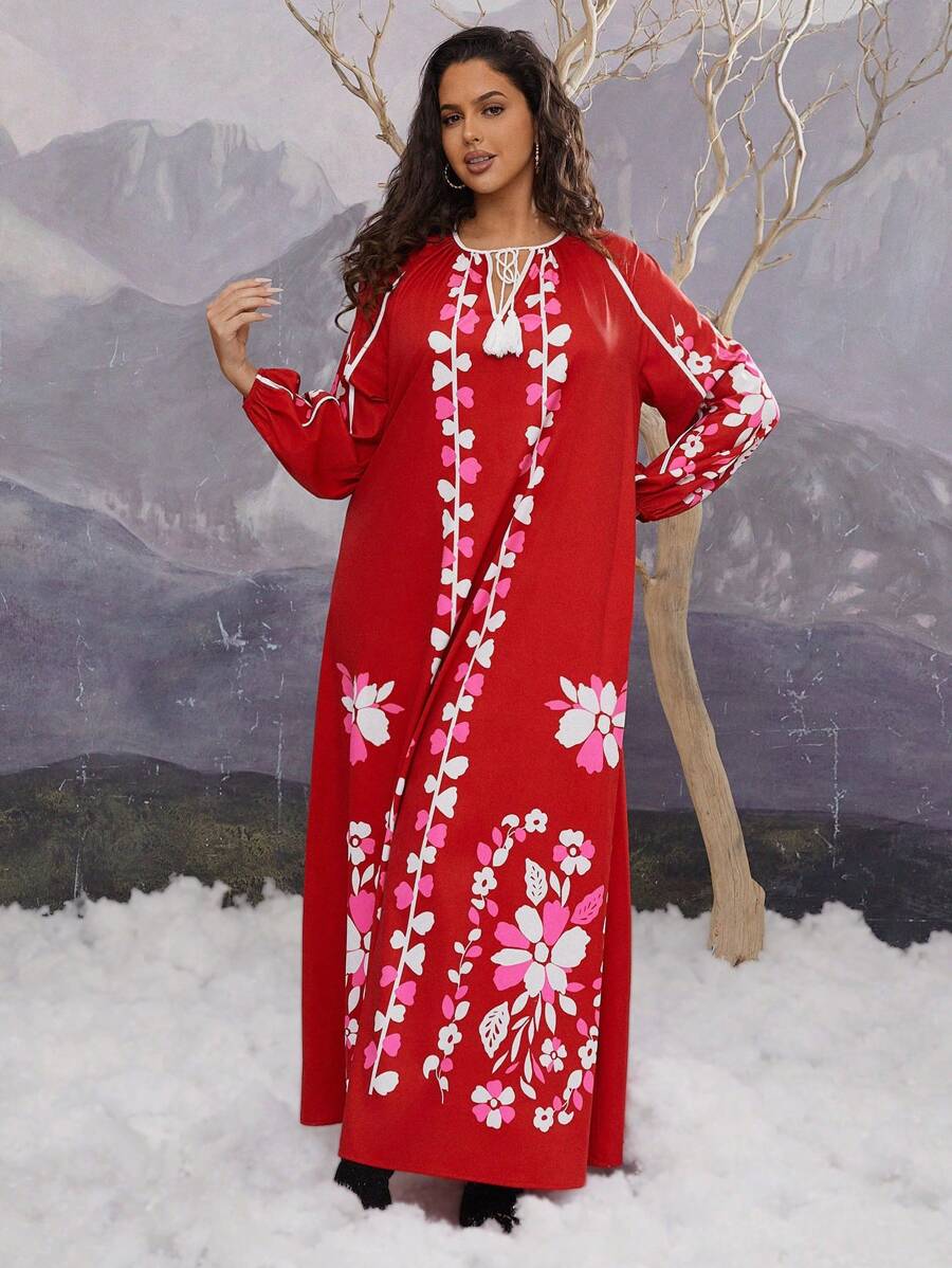 SHEIN VCAY فستان طويل بياقة على شكل حرف V مطبوع بالزهور مع ربطة شرابة، بطراز بوهيمي غربي رحال، مناسب للعطلات الخريفية - متعدد الألوان - مشاهدة 1